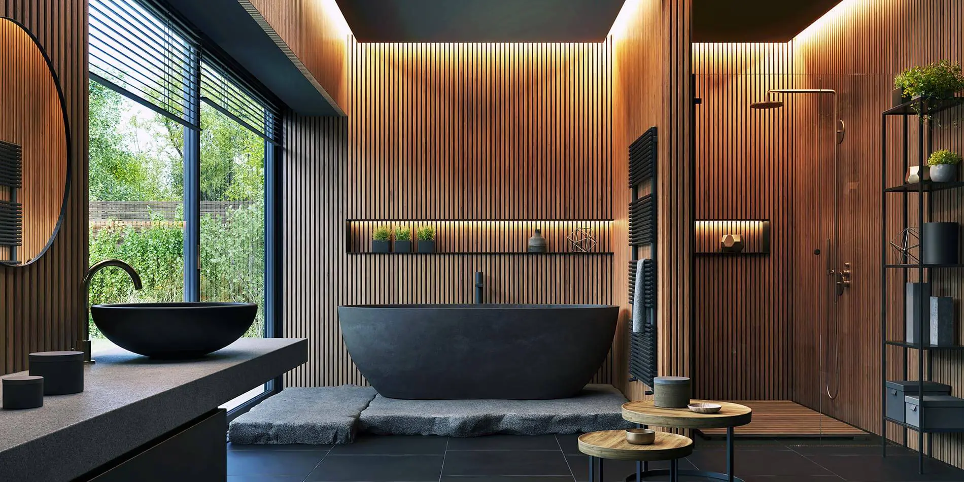 A luxury modern bathroom featuring vertical wood slat wall panels, ambient lighting, and a dark stone bathtub.