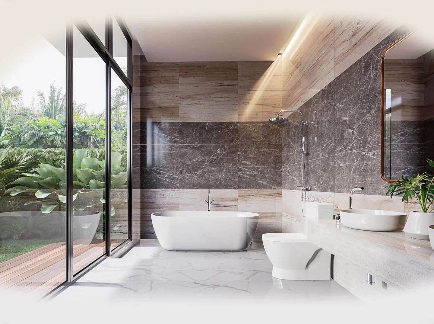 A modern marble-tiled bathroom featuring a white soaking tub next to large floor-to-ceiling glass windows.